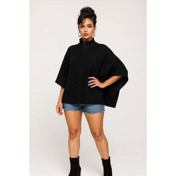 Anne Klein XL Stylist Wool Blend Womens Black Zip-Up Poncho With High Neck - Picture 4 of 10